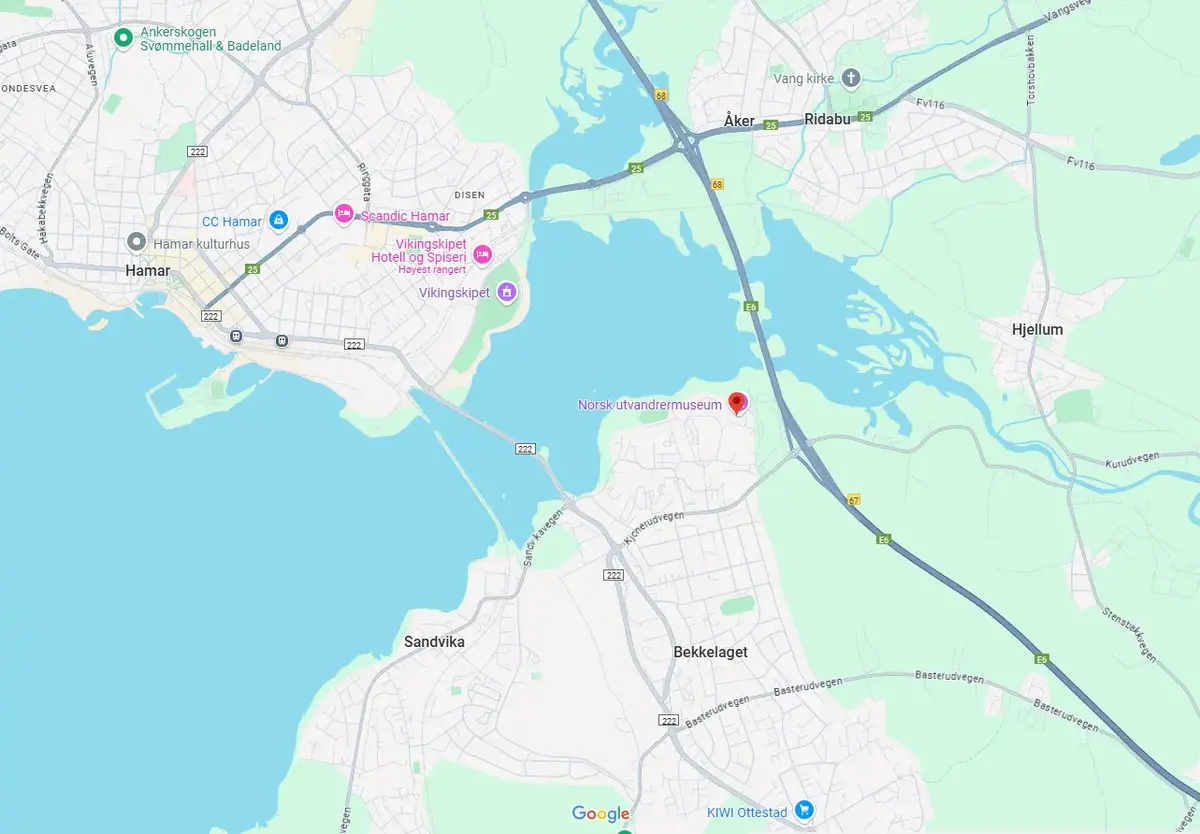 Kart over beliggenheten til Norsk utvandrermuseet i Ottestad ved Hamar.