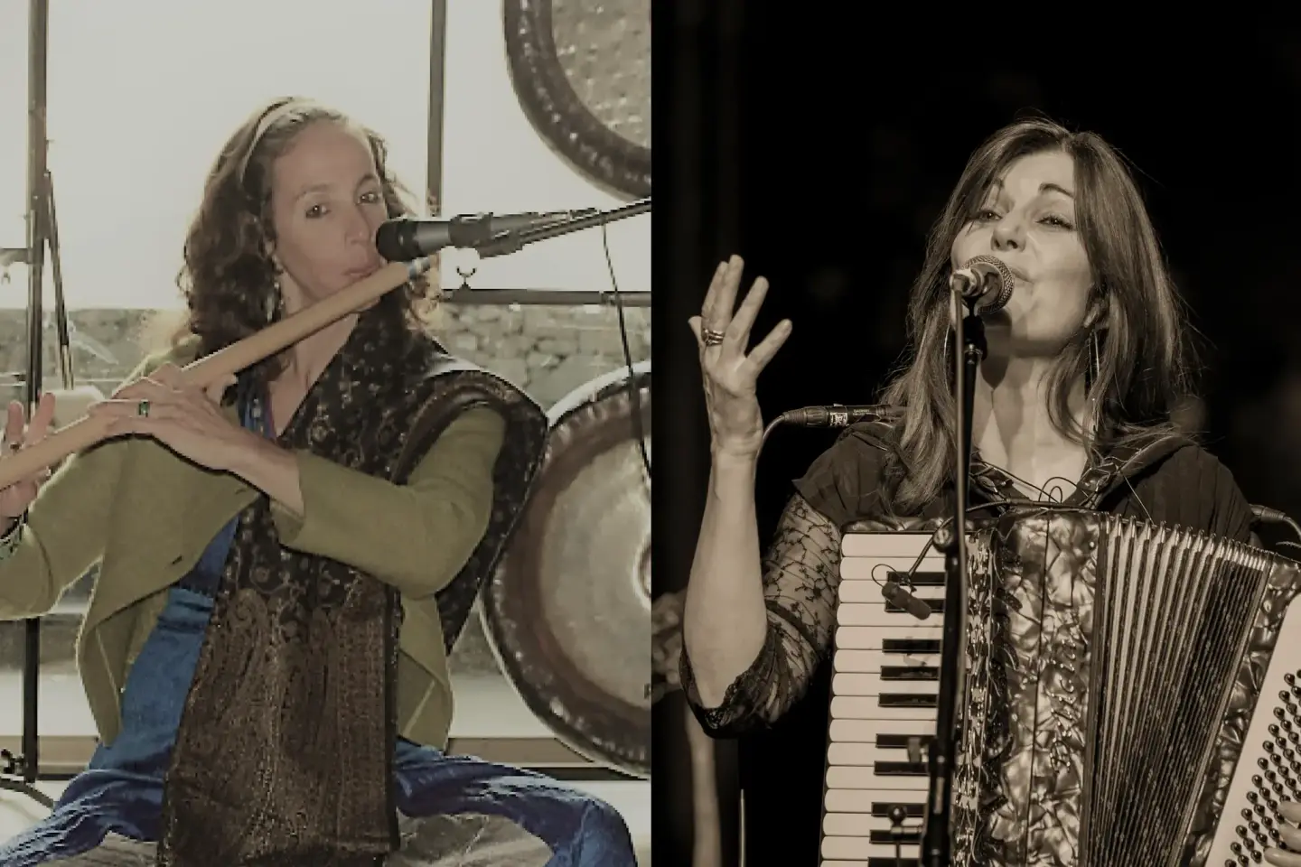 Fotografier av to kvinnelige musikere, den ene spiller fløyte og den andre synger og spiller trekkspill.  